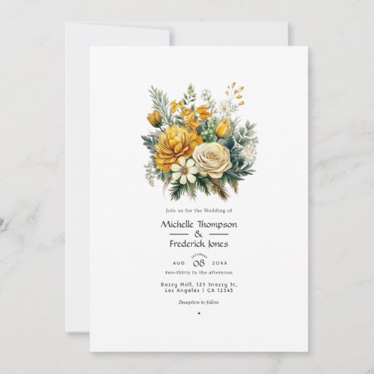 ゴールドとエバーグリーン 花の秋のウェディング 招待状 (正面)
