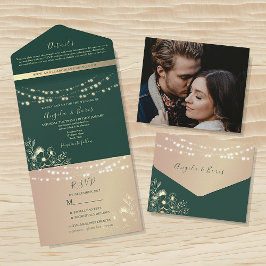 ゴールドとエメラルドグリーンの結婚式のストリングライト オールインワン招待状