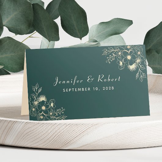 ゴールドとエメラルドグリーンの結婚式席札 プレイスカード