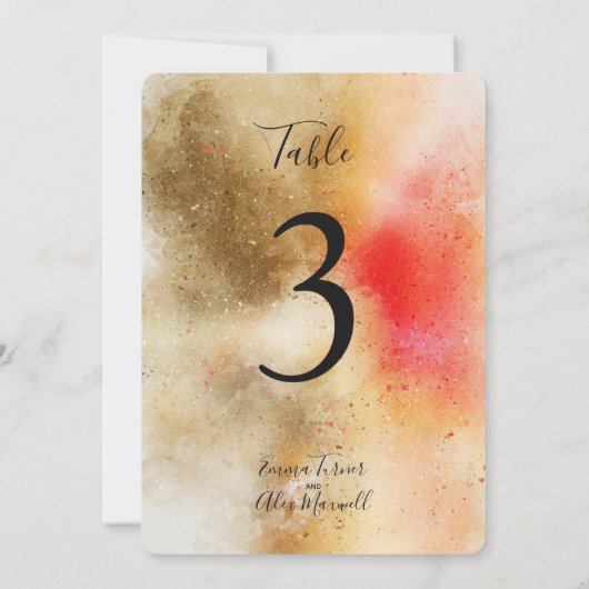 ゴールドとオレンジの水彩 | テーブル番号カード 招待状 (裏面)