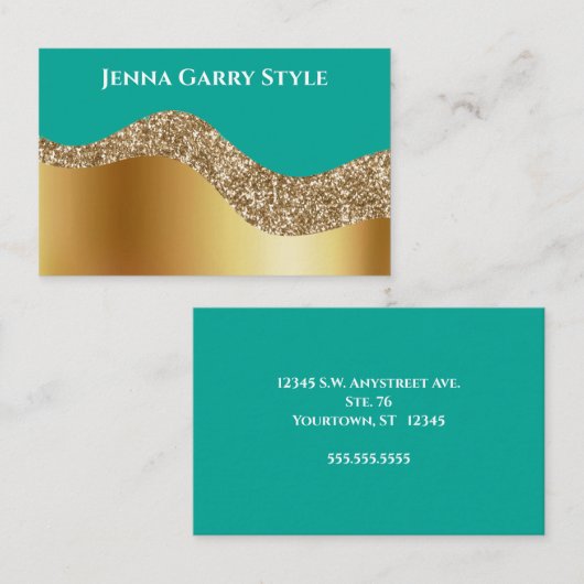 ゴールドとグリッターをあしらったブルーグリーン ビューティースタイル 名刺 (正面/裏面)