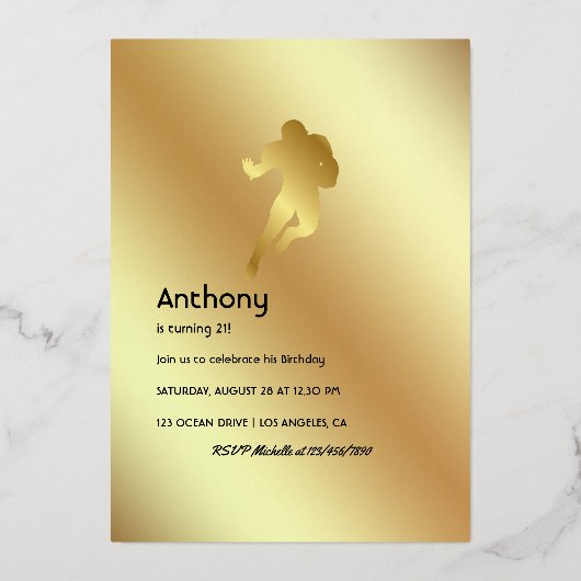 ゴールドとグリーンのアメリカンフットボール誕生日 箔招待状 (裏面)