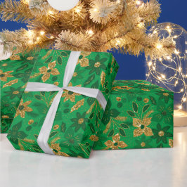 ゴールドとグリーンのクリスマスポインセチアの花 ラッピングペーパー