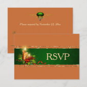 ゴールドとグリーンのクリスマス ウェディングRSVP 出欠カード (正面/裏面)