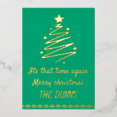 ゴールドとグリーンのクリスマス 名前入り 箔シーズンカード (正面)