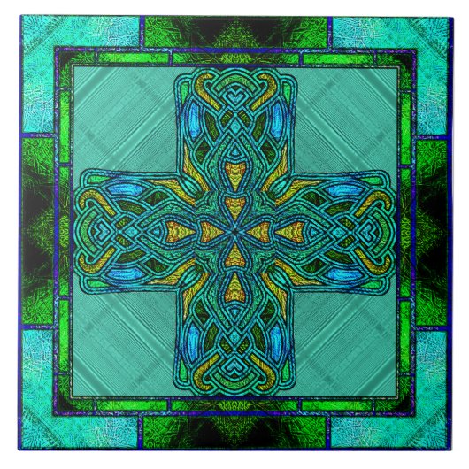 ゴールドとグリーンのステンドグラス ケルトン十字架 タイル (正面)
