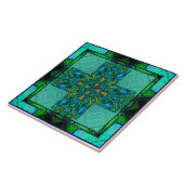 ゴールドとグリーンのステンドグラス ケルトン十字架 タイル (側面)