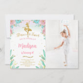 ゴールドとグリーンのバレリーナ写真招待状 招待状 (正面)