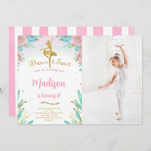 ゴールドとグリーンのバレリーナ写真招待状 招待状 (正面/裏面)