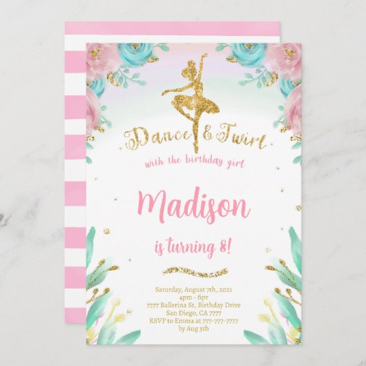 ゴールドとグリーンのバレリーナ招待状 招待状 (正面/裏面)