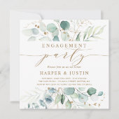 ゴールドとグリーンのボタニカルエンゲージメントパーティスクエア 招待状 (正面)