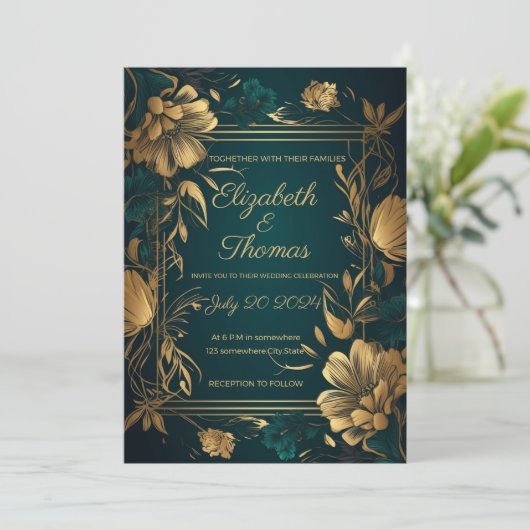ゴールドとグリーンのラグジュアリー テーマの招待状 招待状 (スタンド正面)