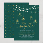 ゴールドとグリーンの光がサプライズの結婚記念日 招待状 (正面/裏面)