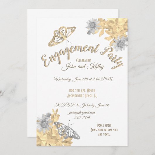 ゴールドとシルバーの蝶のエンゲージメントカード 招待状 (正面/裏面)