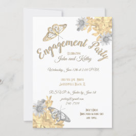 ゴールドとシルバーの蝶のエンゲージメントカード 招待状