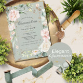 ゴールドとセージグリーンのエレガントな花のキンセアニエラ 招待状