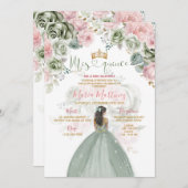 ゴールドとセージグリーンの花柄プリンセスのミス・キンセ 招待状 (正面/裏面)
