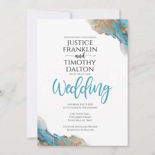 ゴールドとターコイズのエレガントな結婚式の招待状 案内状 (正面)