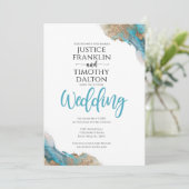 ゴールドとターコイズのエレガントな結婚式の招待状 案内状 (スタンド正面)