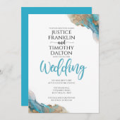 ゴールドとターコイズのエレガントな結婚式の招待状 案内状 (正面/裏面)