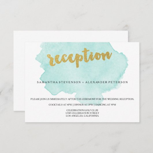 ゴールドとターコイズの水彩画 ブライダル・レセプション エンクロージャーカード (正面/裏面)