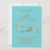 ゴールドとターコイズのTheir Weddingハート装飾スクリプト 招待状 (正面)