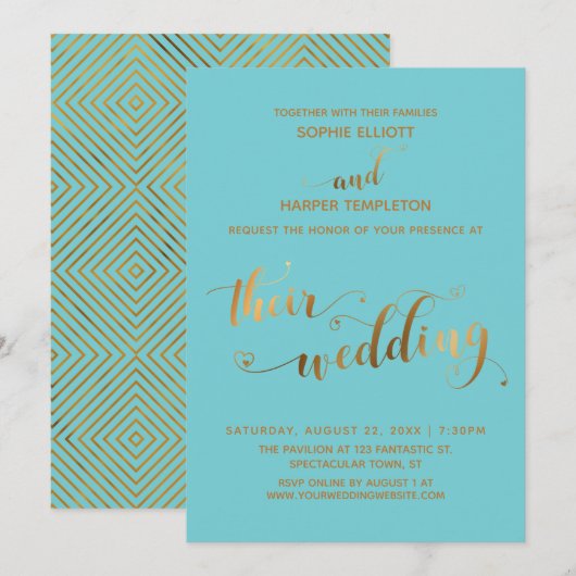 ゴールドとターコイズのTheir Weddingハート装飾スクリプト 招待状 (正面/裏面)