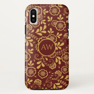 ゴールドとチェリーレッドのヴィクトリア調フローラルレースモノグラム iPhone XSケース