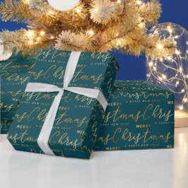ゴールドとティールのメリークリスマスワードアート ラッピングペーパー