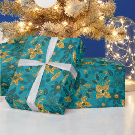 ゴールドとティールブルーのクリスマスポインセチアの花 ラッピングペーパー