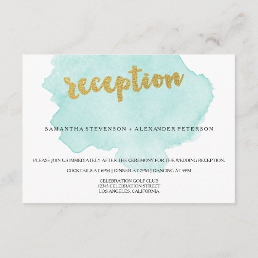 ゴールドとティール・ブルーのブッシュ ウォーターカラー結婚式の披露宴 エンクロージャーカード (正面)