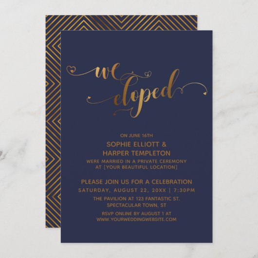 ゴールドとネイビーの誓いの後の引出会 招待状 (正面/裏面)