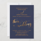 ゴールドとネイビーのTheir Wedding Typography + ハート 招待状 (正面)