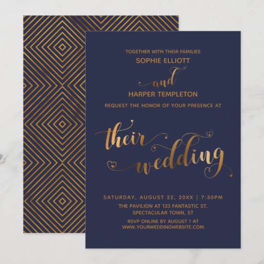 ゴールドとネイビーのTheir Wedding Typography + ハート 招待状 (正面/裏面)