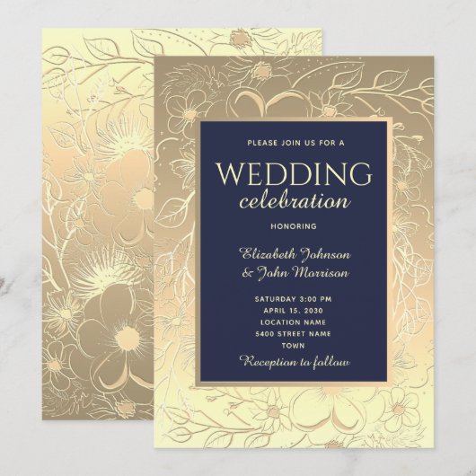 ゴールドとネイビーブルーのエレガントな結婚式 招待状 (正面/裏面)