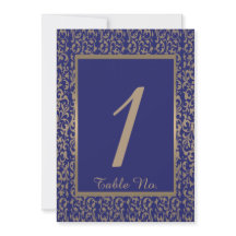ゴールドとネイビーブルーのフィリグリー結婚式テーブルナンバー