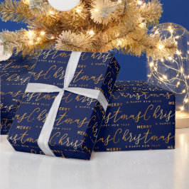 ゴールドとネイビーブルーのメリークリスマスワードアート ラッピングペーパー