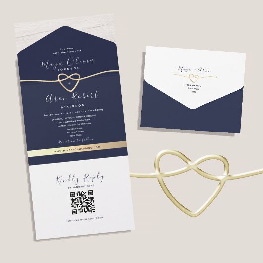 ゴールドとネイビーブルーのQRコード付き結婚式 オールインワン招待状