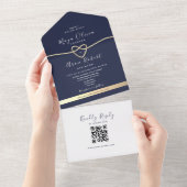 ゴールドとネイビーブルーのQRコード付き結婚式 オールインワン招待状 (貼ってはがせる)