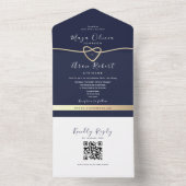 ゴールドとネイビーブルーのQRコード付き結婚式 オールインワン招待状 (内側)