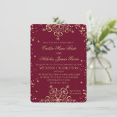 ゴールドとバーガンディのウィンターウェディング スノーフレーク 招待状 (スタンド正面)