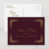 ゴールドとバーガンディーレースのSave the Dateはがき 案内ポストカード (正面/裏面)