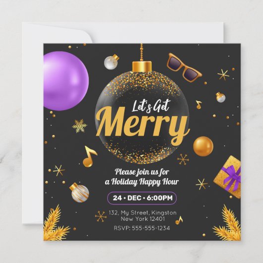 ゴールドとパープルで楽しいクリスマスを 招待状 (正面)