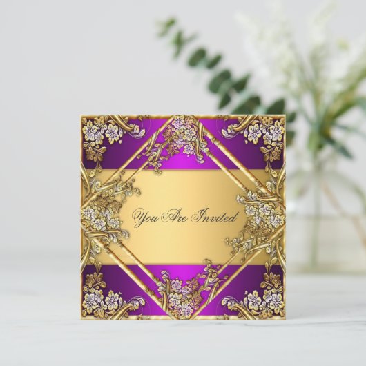 ゴールドとパープルのパーティー招待状 ゴールド パープル 招待状 (スタンド正面)