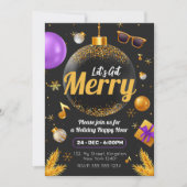 ゴールドとパープルの楽しいクリスマス 招待状 (正面)