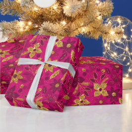 ゴールドとピンクのクリスマスポインセチアの花 ラッピングペーパー