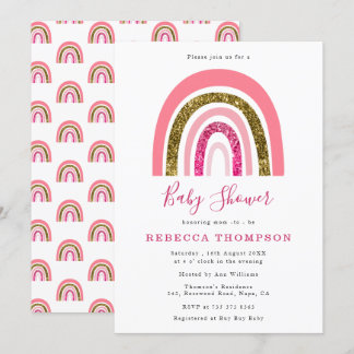 ゴールドとピンクのグリッターが可愛らしい虹のベビーシャワー 招待状