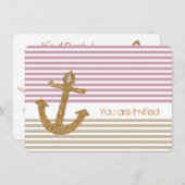 ゴールドとピンクのストライプの海事誕生日 招待状 (正面/裏面)