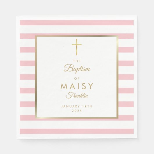 ゴールドとピンクのストライプ 洗礼 誕生 スタンダードランチョンナプキン (正面)