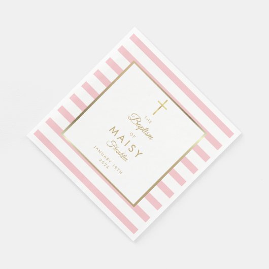 ゴールドとピンクのストライプ 洗礼 誕生 スタンダードランチョンナプキン (角)